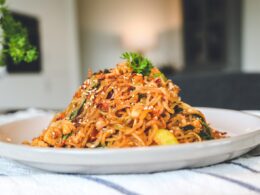 pasta dish on white ceramic plate