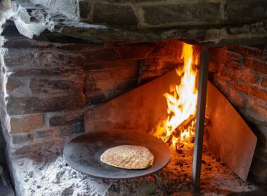 a fire in a brick oven