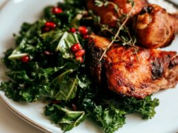 cooked meat with green vegetable on white ceramic plate