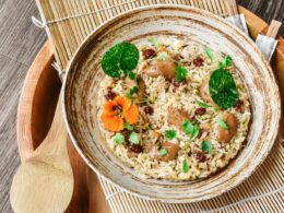 brown wooden bowl with food