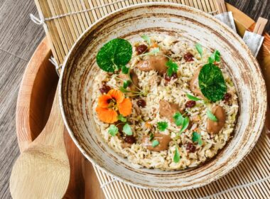 brown wooden bowl with food